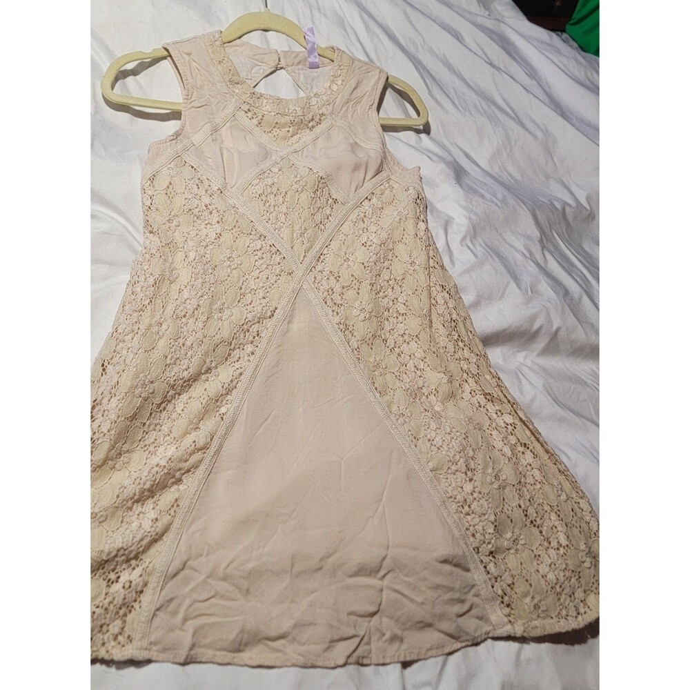 Y2K Juniors XS Cream Floral Babydoll Lace Boho Sleeveless Short Skater Dress
